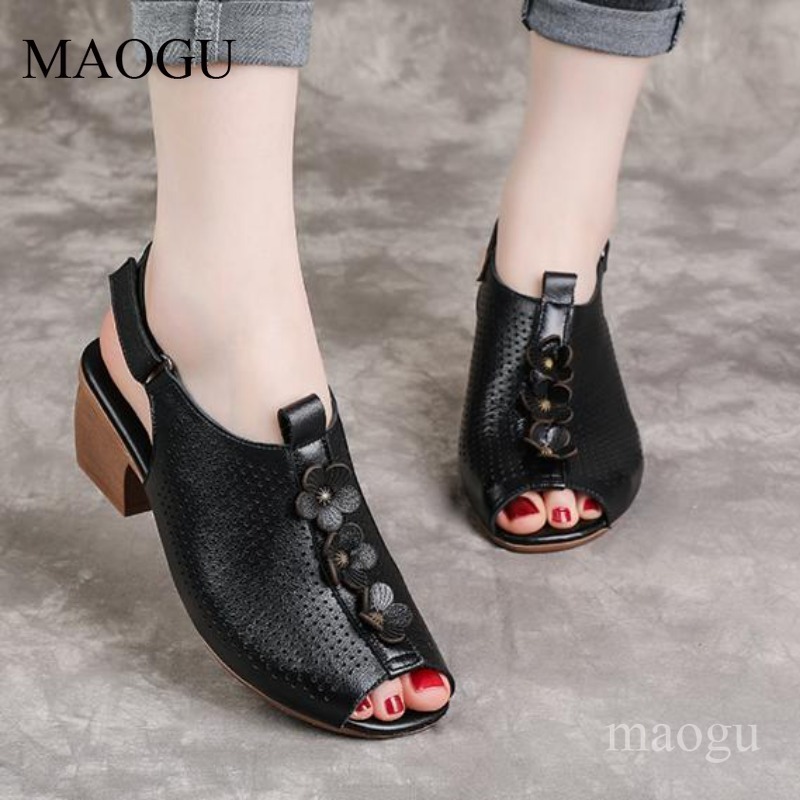 Vintage Fashion Heels - Dames Slingback Sandalen met Blokhak, Bloemmotief,